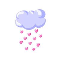 Rain drops cloud with heart in cartoon style. Design for nursery, card and Valentines day. Isolated on white background. vector