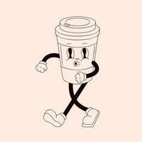 Cheerful groovy coffee cup character with an energetic walk and a playful expression. Ideal line art cartoon design for vintage poster. vector