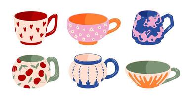 Set of colorful ceramic cups with various patterns like hearts, flowers, cherries and abstract designs. Flat style design. Isolated on a white background. vector