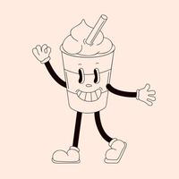 Groovy drink character in shape of disposable coffee cup with drinking straw in line art. Vintage design for cafe, menu, restaurant, coloring book. vector