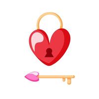Heart lock and key icon in cartoon style. Symbol of Love for Valentines day. Design for wedding and holiday card. Isolated on white background. vector