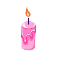 Pink candle with soft flame in cartoon style. Design for Valentine day card. Isolated on white background. vector