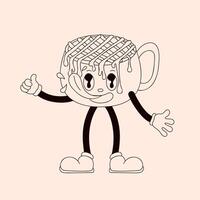 Smiling groovy cup character with topping drizzle with thumbs up in line art style. Fun and quirky design for playful, retro and creative concept. vector
