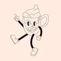 Playful groovy cartoon mug character with whipped cream in line art style. Perfect for retro or fun design. vector