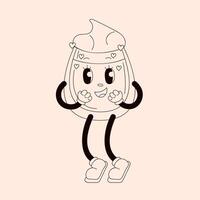 Charming cartoon cup character with whipped cream and hearts for Valentines day. Perfect for retro, groovy and playful design in line art style. vector
