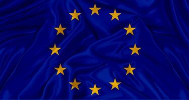 Realistic European Union flag waving. Close up of flag of the European Union with cloth texture photo