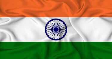 Realistic flag of India waving in the wind. Close up of flag of India with fabric texture photo