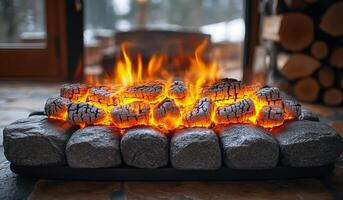 A fire is burning in a fireplace made of rocks. The fire is orange and yellow, and the logs are charred photo