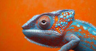 A colorful lizard with a blue head and orange body. The lizard is looking at the camera. The image has a bright and lively mood photo