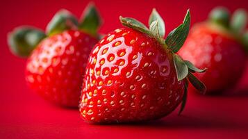 Three red strawberries on a red background. The strawberries are ripe and ready to eat. The image has a warm and inviting mood, making it a perfect choice for a fruit basket or a summery scene photo