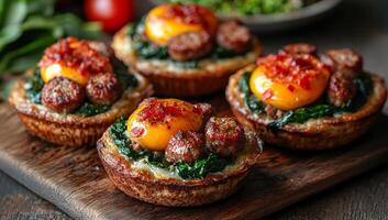Four small pastries with eggs and bacon on top. The pastries are sitting on a wooden cutting board photo