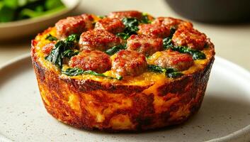 A plate of food with sausage and spinach on top. The plate is white and the food is brown photo
