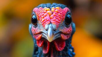 A close up of a chicken's face with red feathers. The chicken has a very intense look on its face photo