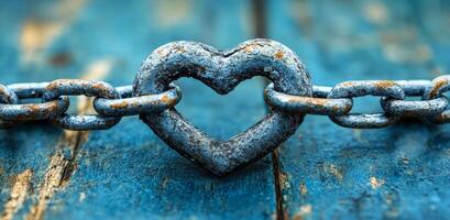 A chain with a heart shape in the middle. The chain is rusty and the heart is made of metal photo