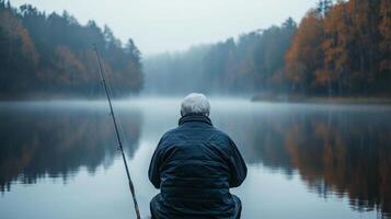 A man sits in a boat on a lake, fishing. The water is calm and the sky is cloudy. The man is wearing a black jacket and he is enjoying the peacefulness of the scene photo