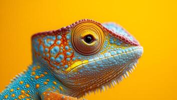 A colorful lizard with a blue and orange face is staring at the camera. The bright colors of the lizard and the yellow background create a lively and energetic mood photo