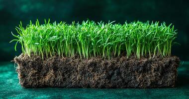 A close up of a patch of grass with dirt underneath. The grass is green and the dirt is brown photo