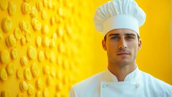 A chef is standing in front of a yellow wall with a white hat on. The chef is smiling and looking directly at the camera photo