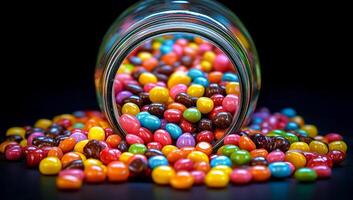 A jar of colorful candy is spilled out onto a table. The candy is a mix of different colors and shapes, creating a fun and playful atmosphere photo