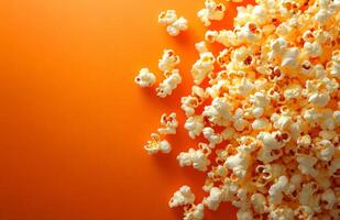 Popcorn on an orange background. A heap of fluffy popcorn is scattered across a bright orange background, creating a vibrant and fun display. photo