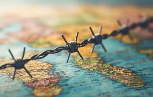 A barbed wire fence is wrapped around a map of the world. The fence is positioned in such a way that it is almost completely covering the map. Concept of confinement and restriction photo