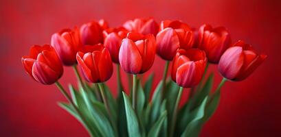 Red tulips on a bold backdrop. A bouquet of red tulips stands tall against a bold red backdrop, showcasing their delicate petals and vibrant color. photo