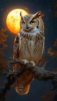 Owl with striking eyes sits on a tree branch at night, illuminated by a bright full moon in the background. photo