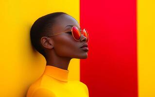 Chic woman in shades, bold backdrop. A woman poses confidently in a mustard turtleneck and sunglasses, showcasing bold colors of yellow and red around her. photo
