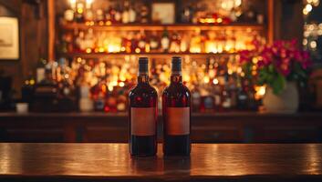Two bottles of wine are on a bar counter. The bottles are brown and have a label on them. The bar is dimly lit, creating a cozy atmosphere photo