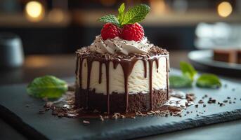 A chocolate cake with whipped cream and raspberries on top. The cake is served on a black plate photo