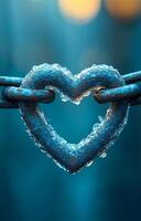 A heart is attached to a chain, with water droplets on it. Concept of longing and desire, as the heart is suspended in mid-air, seemingly reaching out for something or someone photo