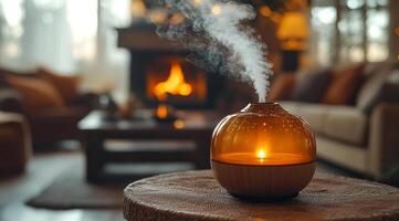 Cozy living room with calming diffuser. A diffuser releases soothing mist in a cozy living room, enhancing the tranquil evening ambiance. photo