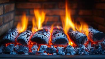 A pile of wood burning in a fireplace, with the flames reaching up to the top of the bricks. The fire is hot and bright, creating a warm and cozy atmosphere. The wood is charred and black photo