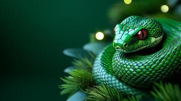 A green snake is curled up on a green leaf. The snake is surrounded by green grass and leaves photo