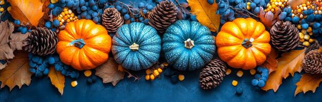 Colorful pumpkins and fall decor on table. Vibrant orange and blue pumpkins are arranged with pine cones and autumn leaves, creating a festive fall display. photo