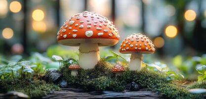 Two large orange mushrooms are sitting on a mossy log. The mushrooms are surrounded by green leaves and grass, creating a peaceful and natural scene photo