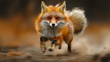 A fox is running through the dirt, with its tail trailing behind it. Concept of freedom and wildness, as the fox is running through its natural habitat photo