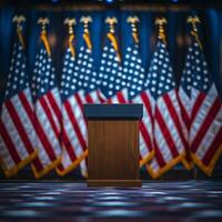 A podium is in front of a row of American flags. The flags are red, white, and blue photo