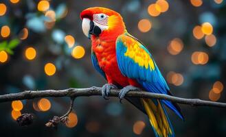 A colorful parrot is perched on a branch. The bird is bright red, yellow, and blue, and it is looking at the camera. The image has a lively and cheerful mood, as the parrot's vibrant colors photo