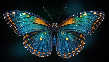A butterfly with blue and orange wings is shown in a close up. The butterfly is surrounded by water droplets, giving it a sense of movement and life. Concept of beauty and wonder photo