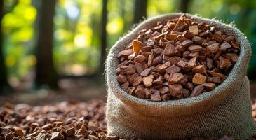 A bag of brown rocks sits on the ground. The bag is made of burlap and is filled with the rocks. The scene is set in a forest, with trees in the background photo