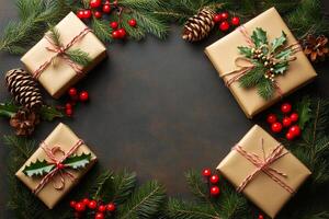 A Christmas tree with four brown boxes and red berries. The boxes are tied with red ribbons photo