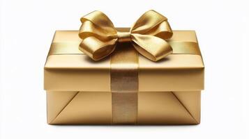 A gold wrapped gift box with a bow on top. The box is sitting on a white background photo