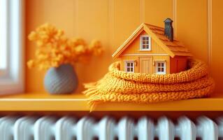A small yellow house is sitting on a shelf next to a radiator. The house is covered in a blanket, giving it a cozy and warm appearance. Concept of comfort and relaxation, as if the house is inviting photo
