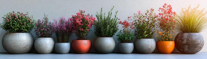 A row of potted plants with different colors and sizes. The plants are arranged in a line, with some taller and some shorter. Scene is calm and peaceful, as the plants are placed in a neat photo