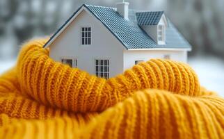 A house is wrapped in a yellow blanket. The house is small and white. The blanket is thick and warm photo