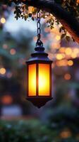 A glowing lantern hangs from a tree branch, illuminating the surrounding area with a cozy amber light during twilight. photo