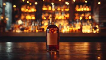 A bottle of liquor is sitting on a bar counter. The bottle is full and the label is visible. The bar is dimly lit, creating a cozy atmosphere photo