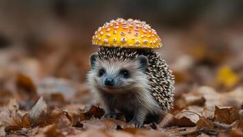 A small hedgehog is standing on a pile of leaves with a mushroom on its head. The scene is peaceful and serene, with the hedgehog looking up at the camera photo