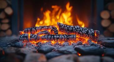 A pile of wood with glowing embers in the background. The fire is warm and inviting, creating a cozy atmosphere photo